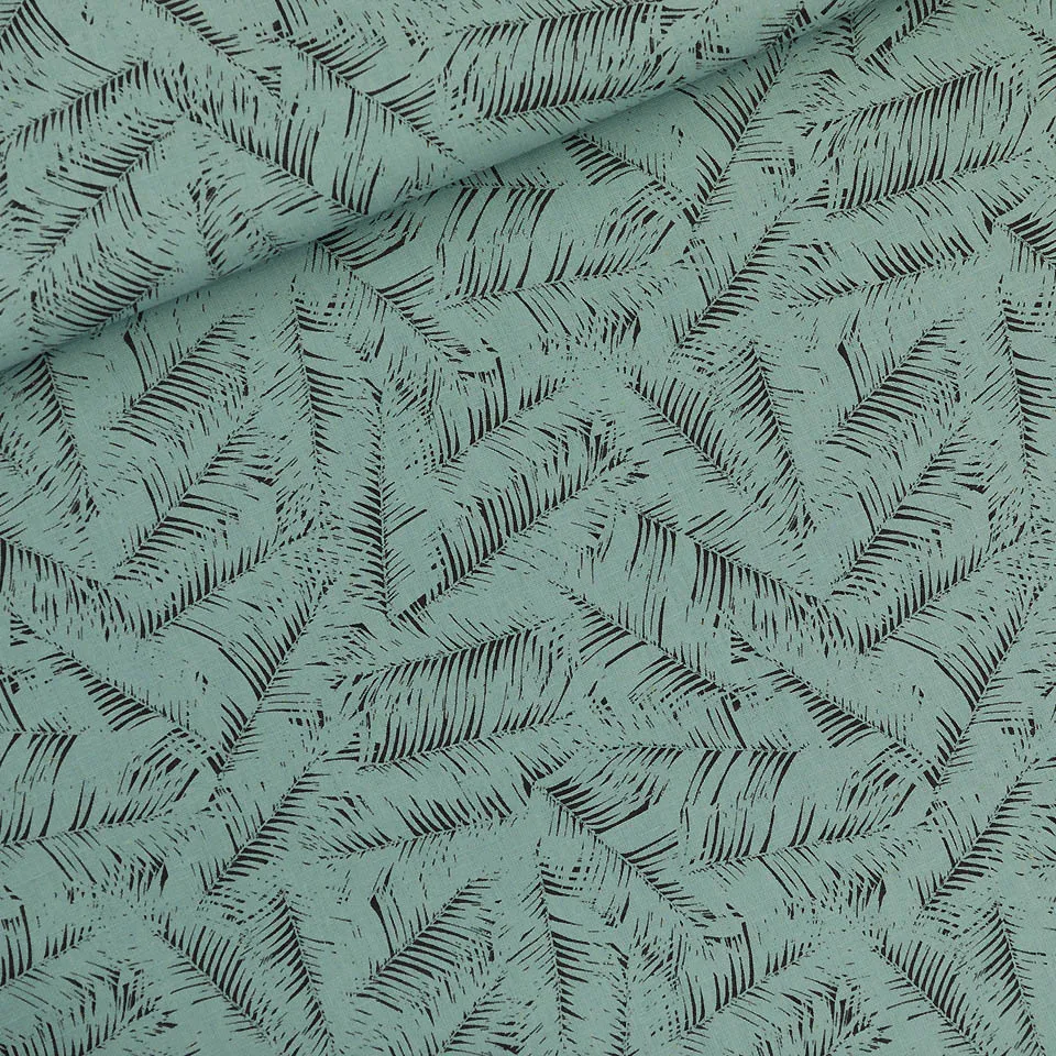 Linnen viscose appelblauwgroen met palmboombladeren - Leaf shelter M - See you at six